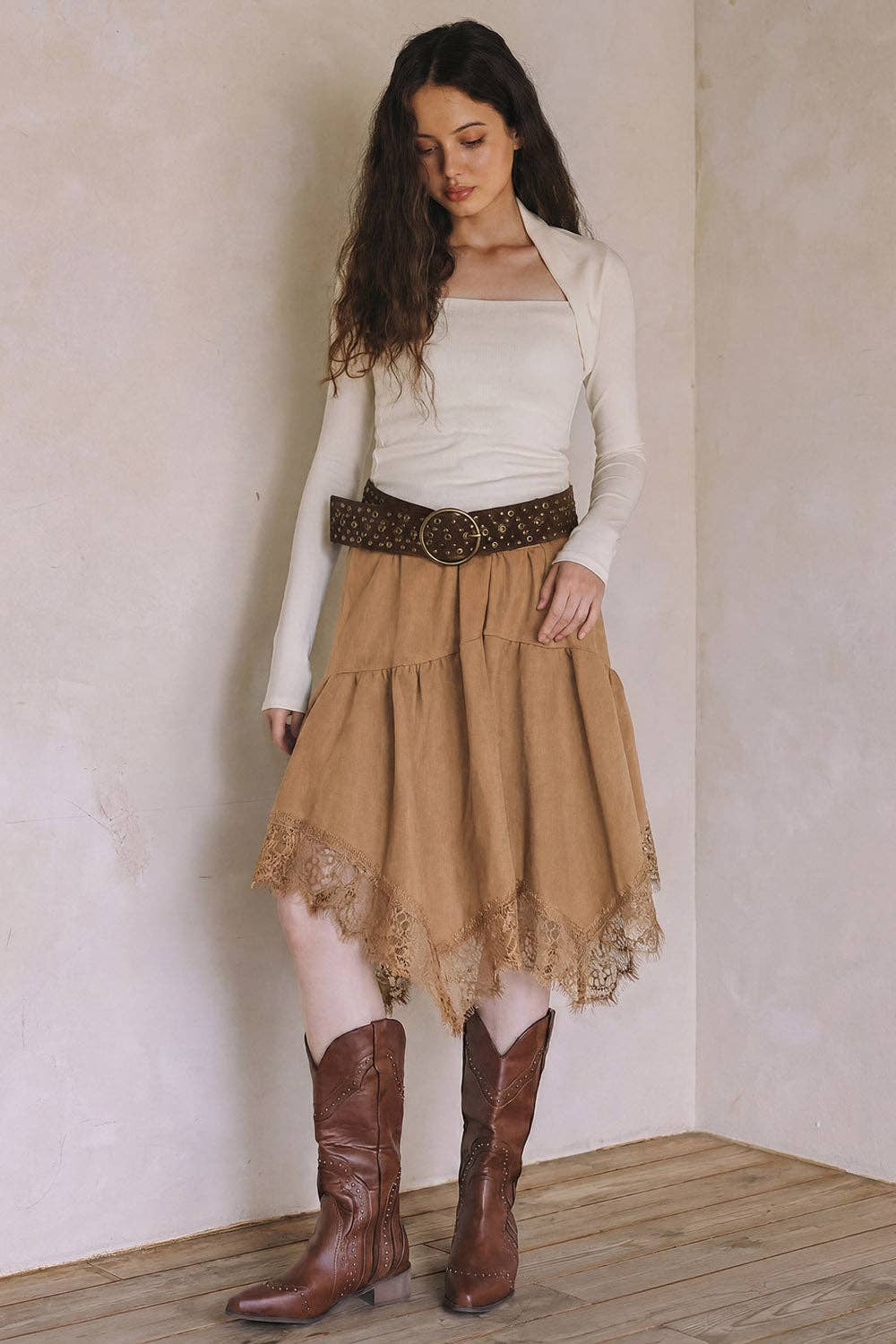 Lace Trim Faux Suede Asymmetrical Skirt - black