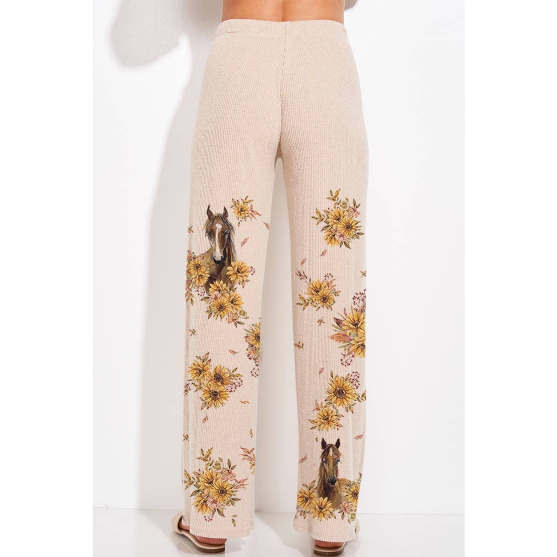 Horse Sunflower Print Rib Hoodie Loungewear Set : BLUSH
