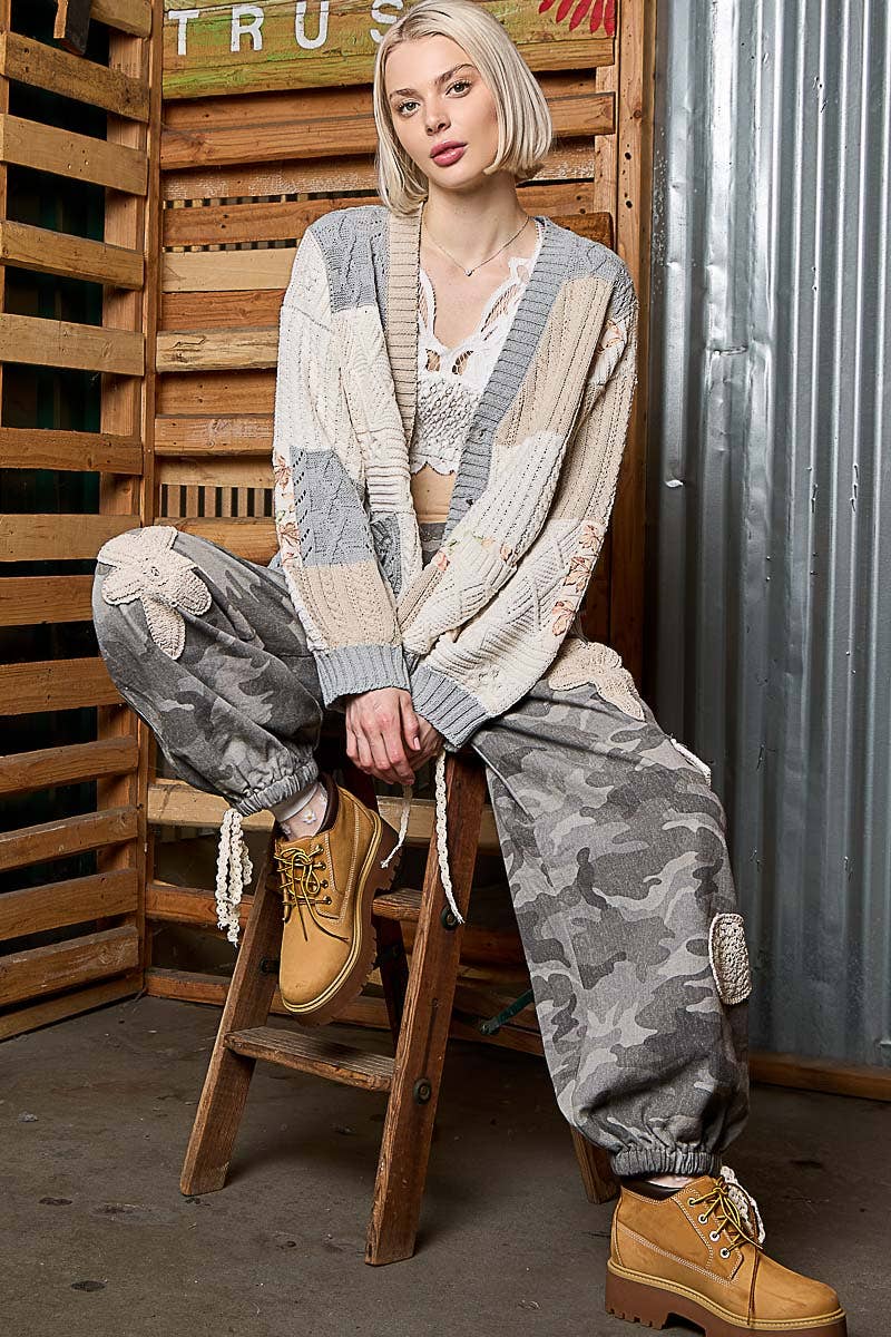 Color block pattern patch sweater cardigan: MINT/OLIVE