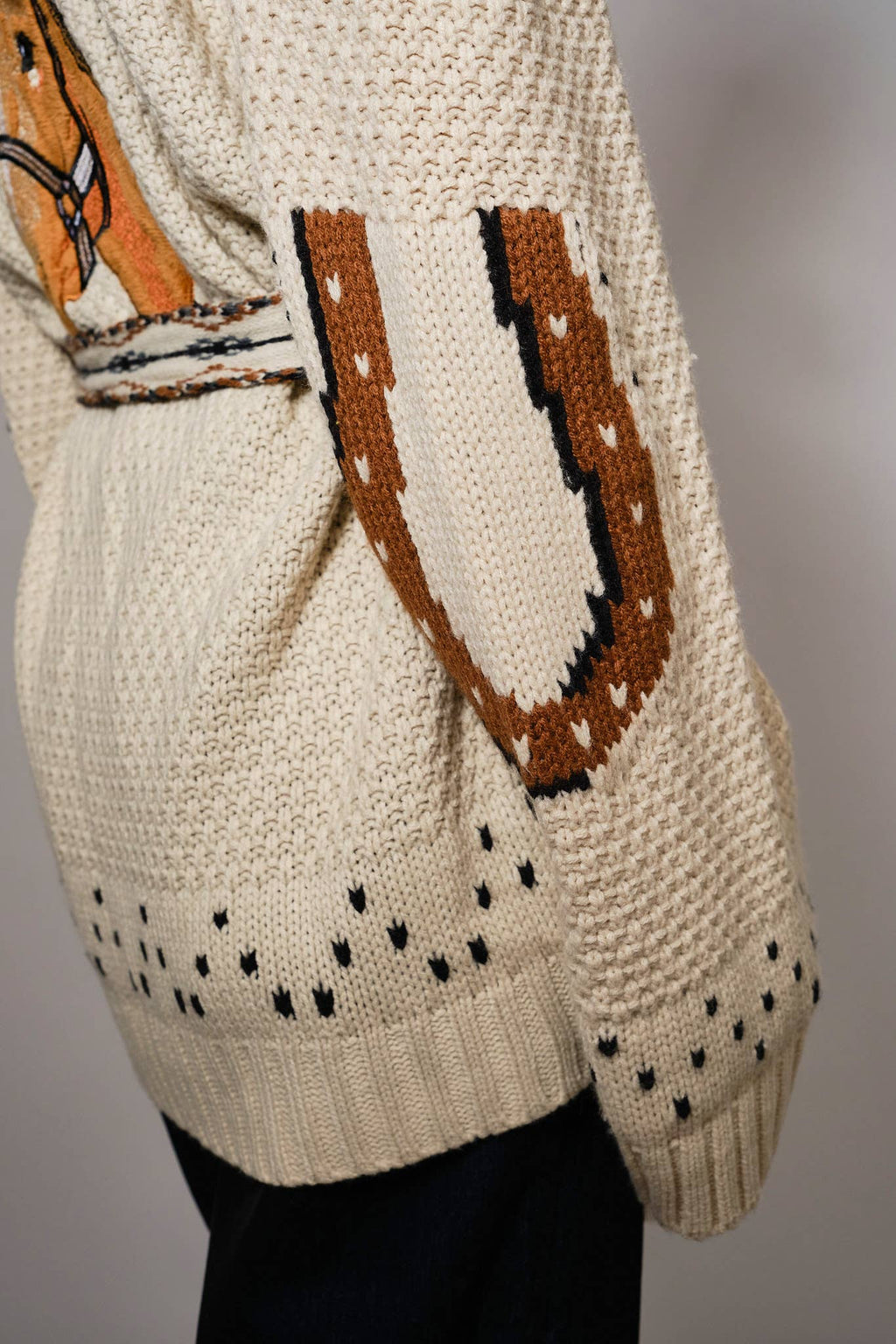 Western Horse Belted Cardigan Sweater: ALMOND BEIGE