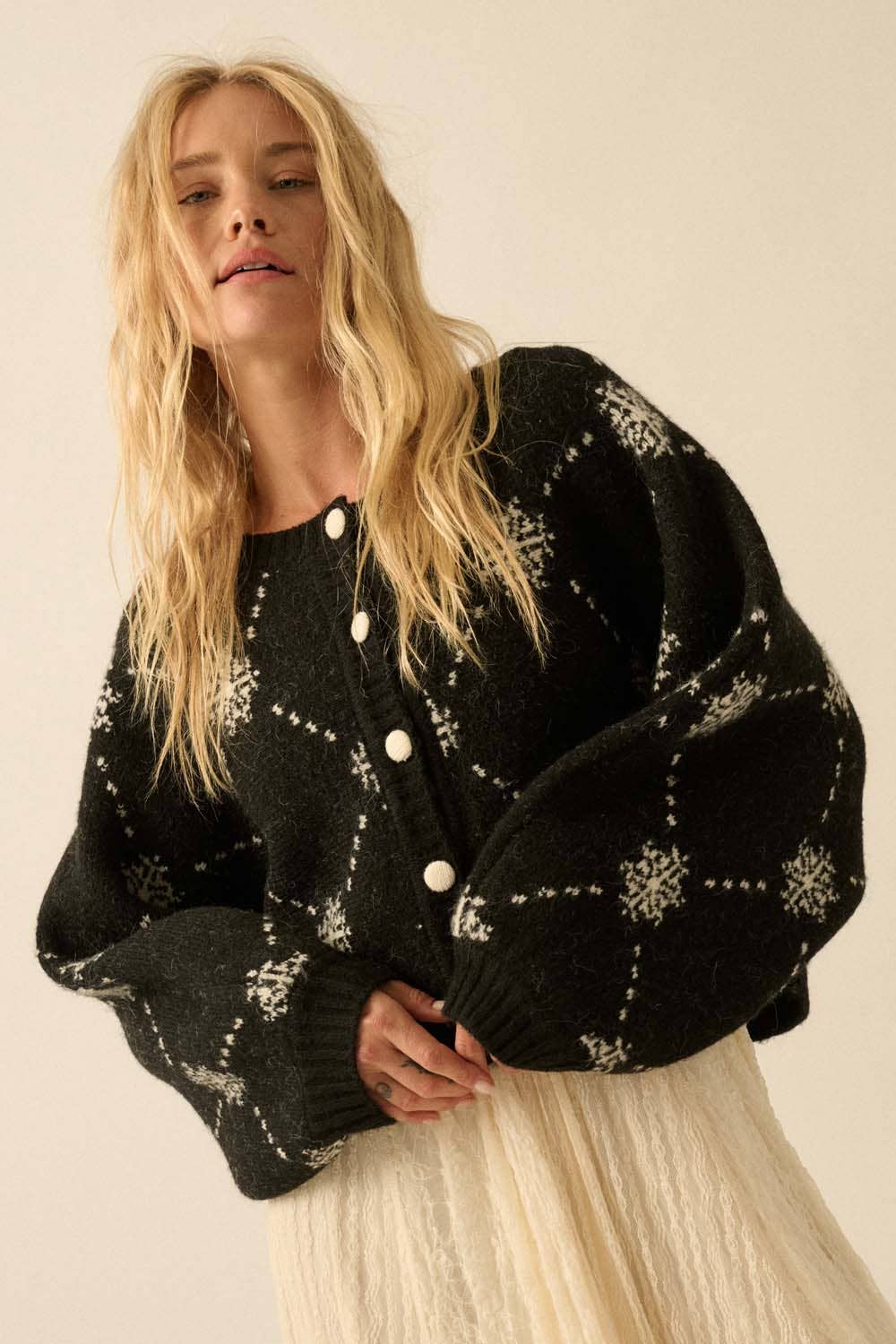 Snowflake Jacquard Knit Button-Up Dolman Sweater: Black