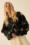 Snowflake Jacquard Knit Button-Up Dolman Sweater: Black