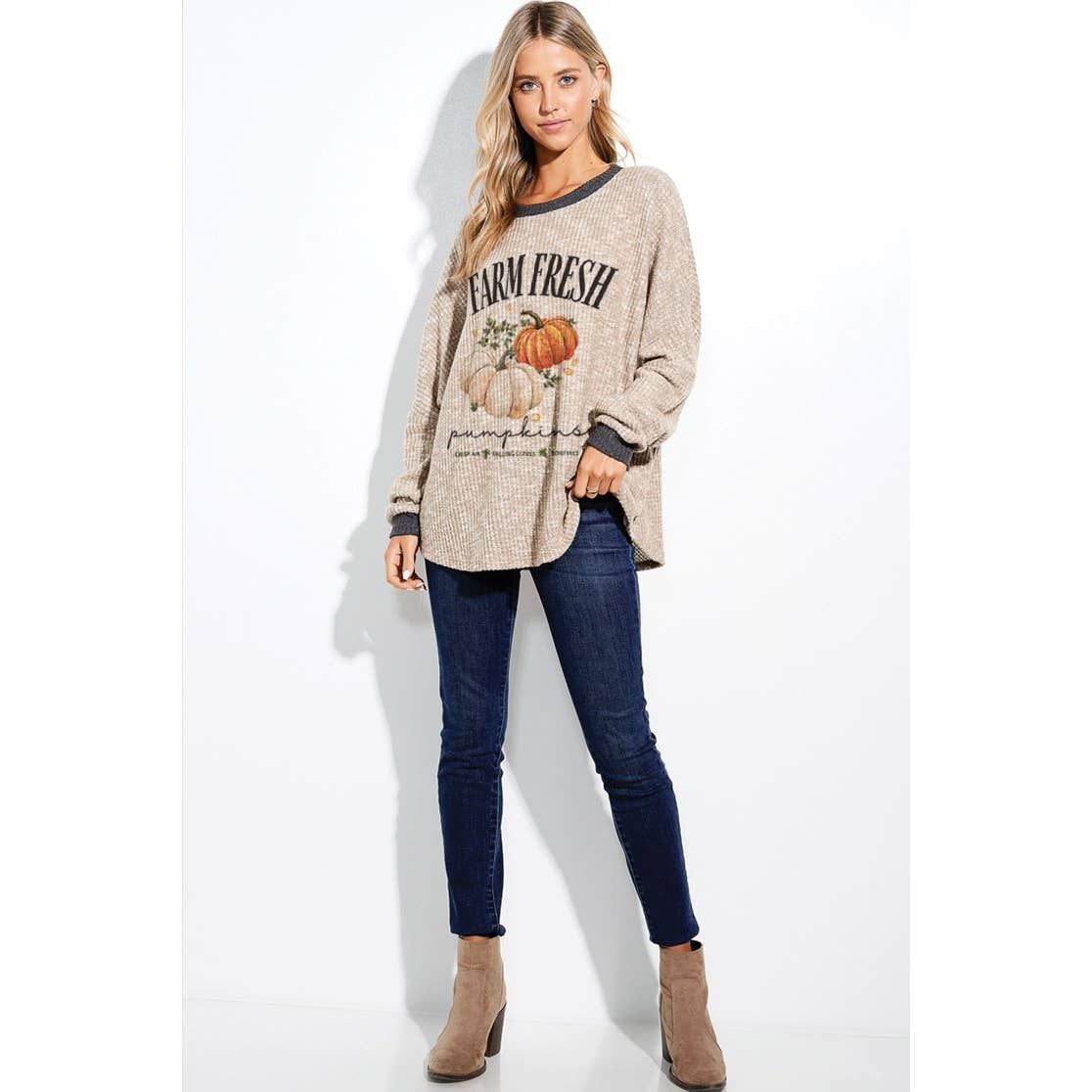Fall pumpkin print waffle contrast band top: Oatmeal