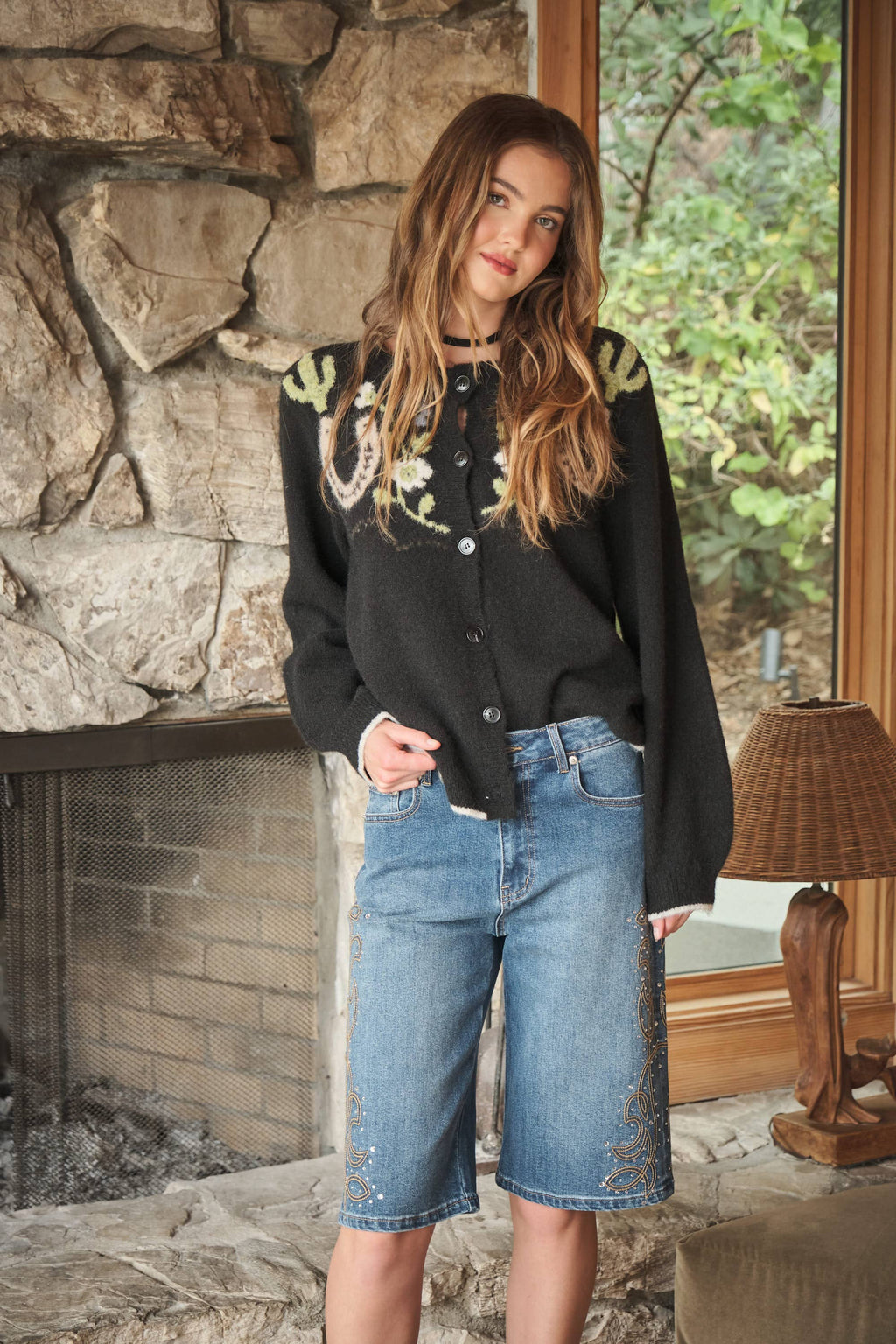 Western Horses & Horseshoe Cardigan Sweater: Charcoal Black