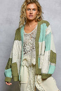 Color block pattern patch sweater cardigan: MINT/OLIVE