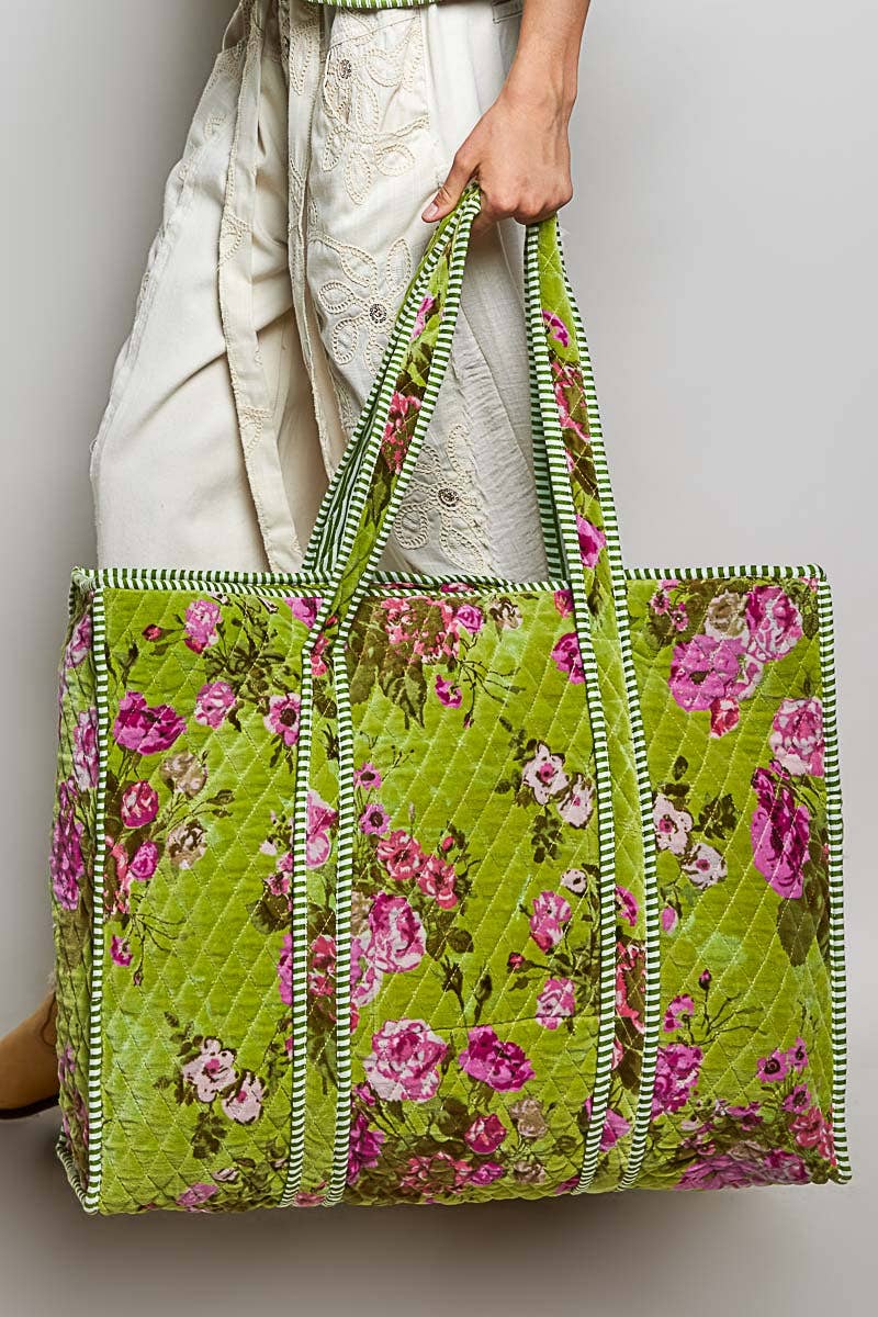 Botanical Velvet Quilted Oversized Weekender Tote Bag: FUCHSIA