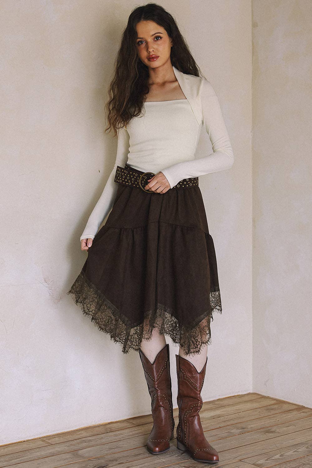 Lace Trim Faux Suede Asymmetrical Skirt - black