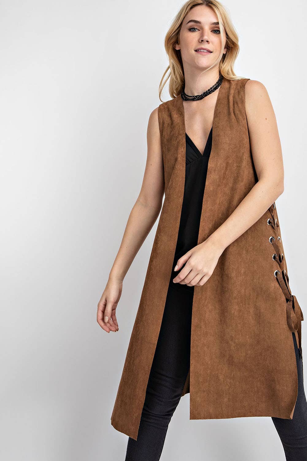 Long Faux Suede Vest with Side Lace Up: Camel