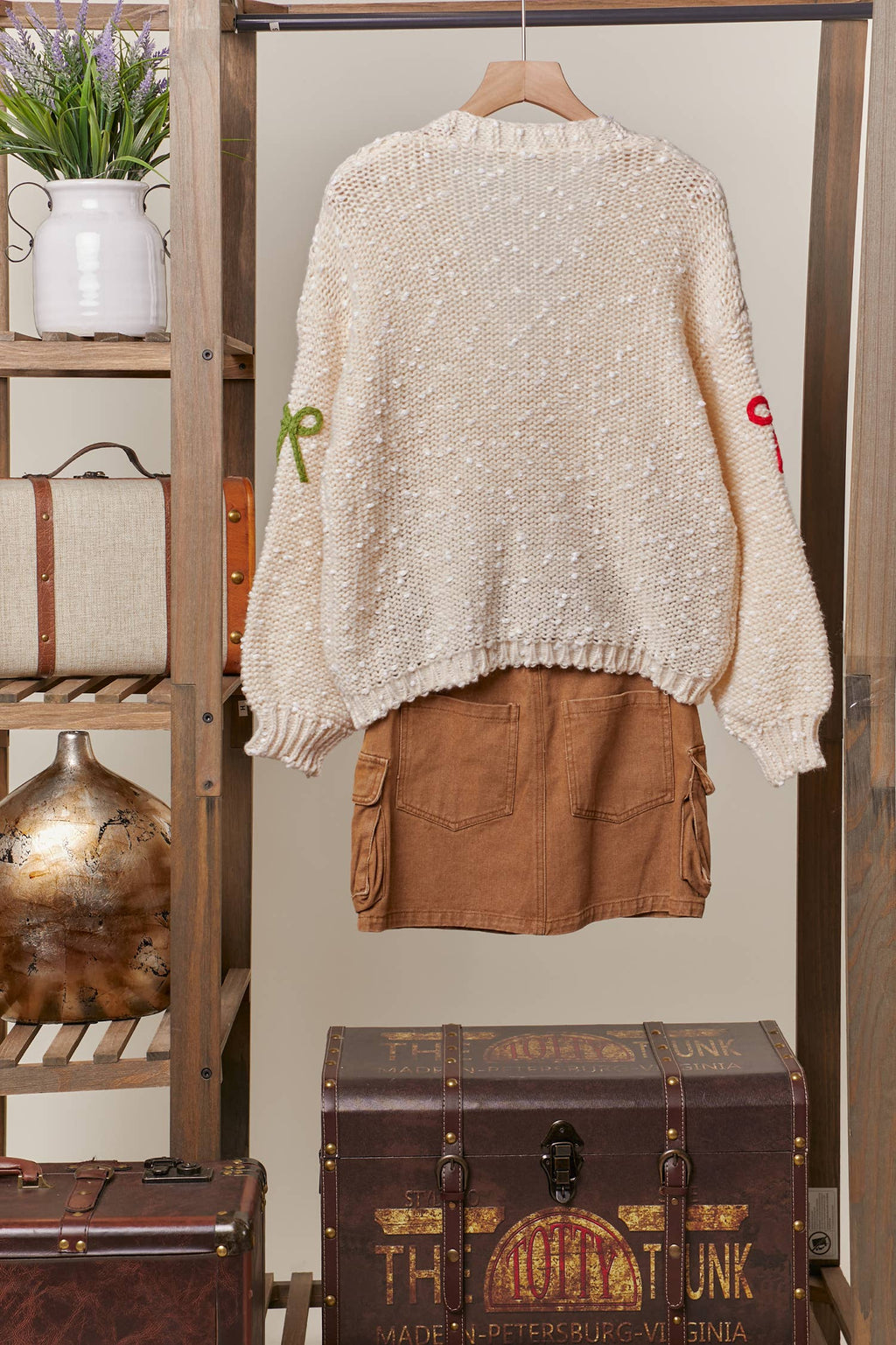 Ribbon Patched Button Sweater: Ivory Cream