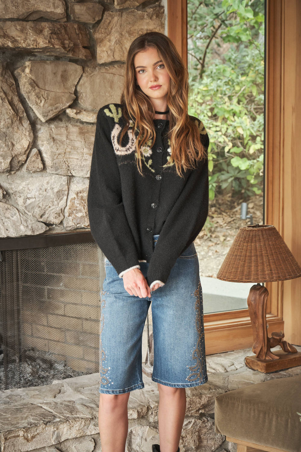 Western Horses & Horseshoe Cardigan Sweater: Charcoal Black
