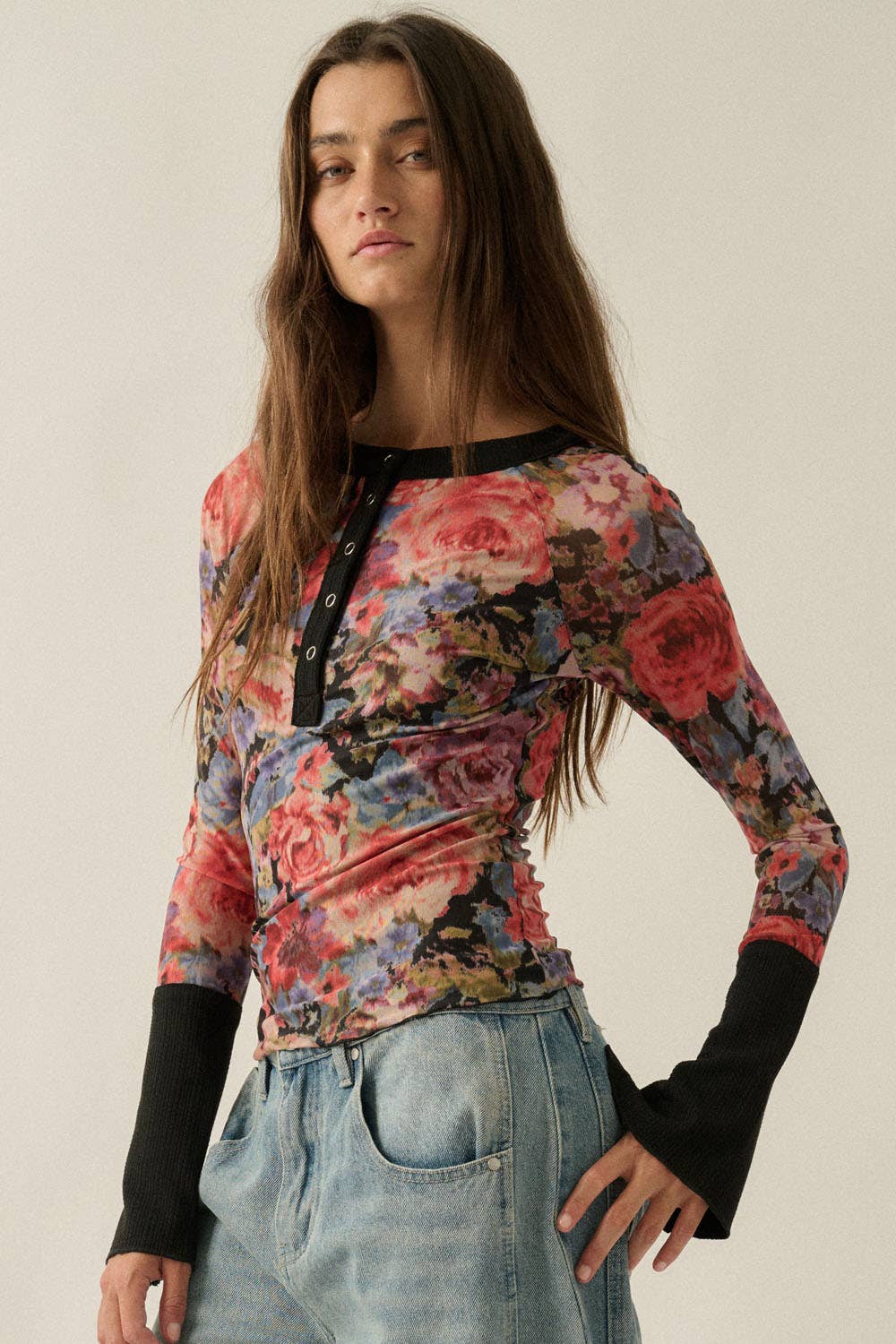 Floral Print Mesh Split Cuff Raglan Sleeve Henley Top: Black