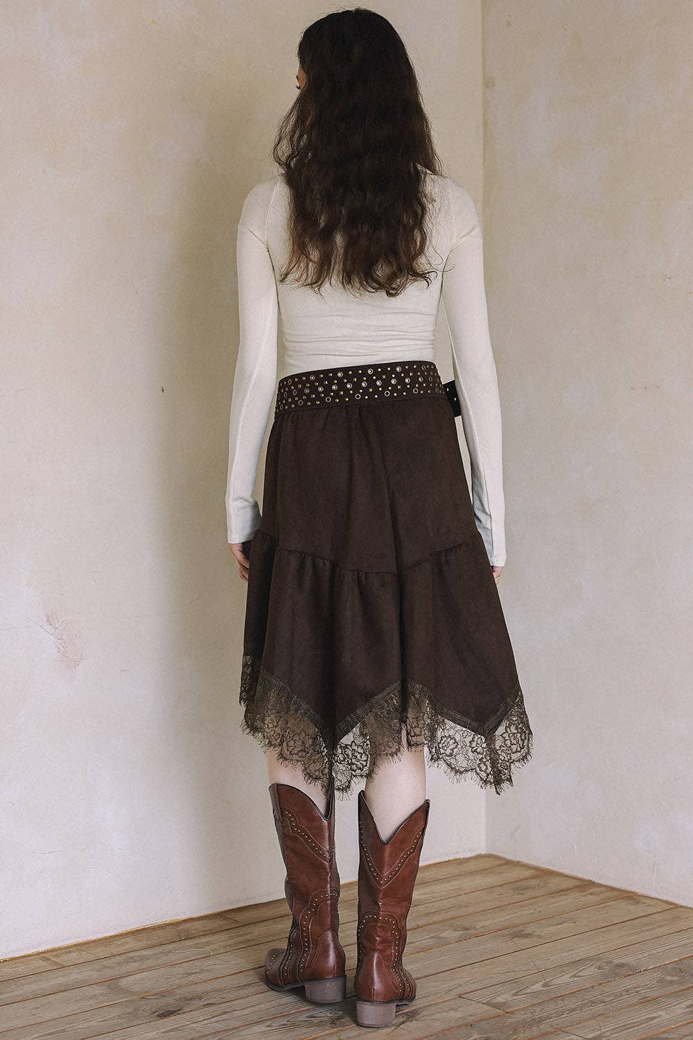 Lace Trim Faux Suede Asymmetrical Skirt - black