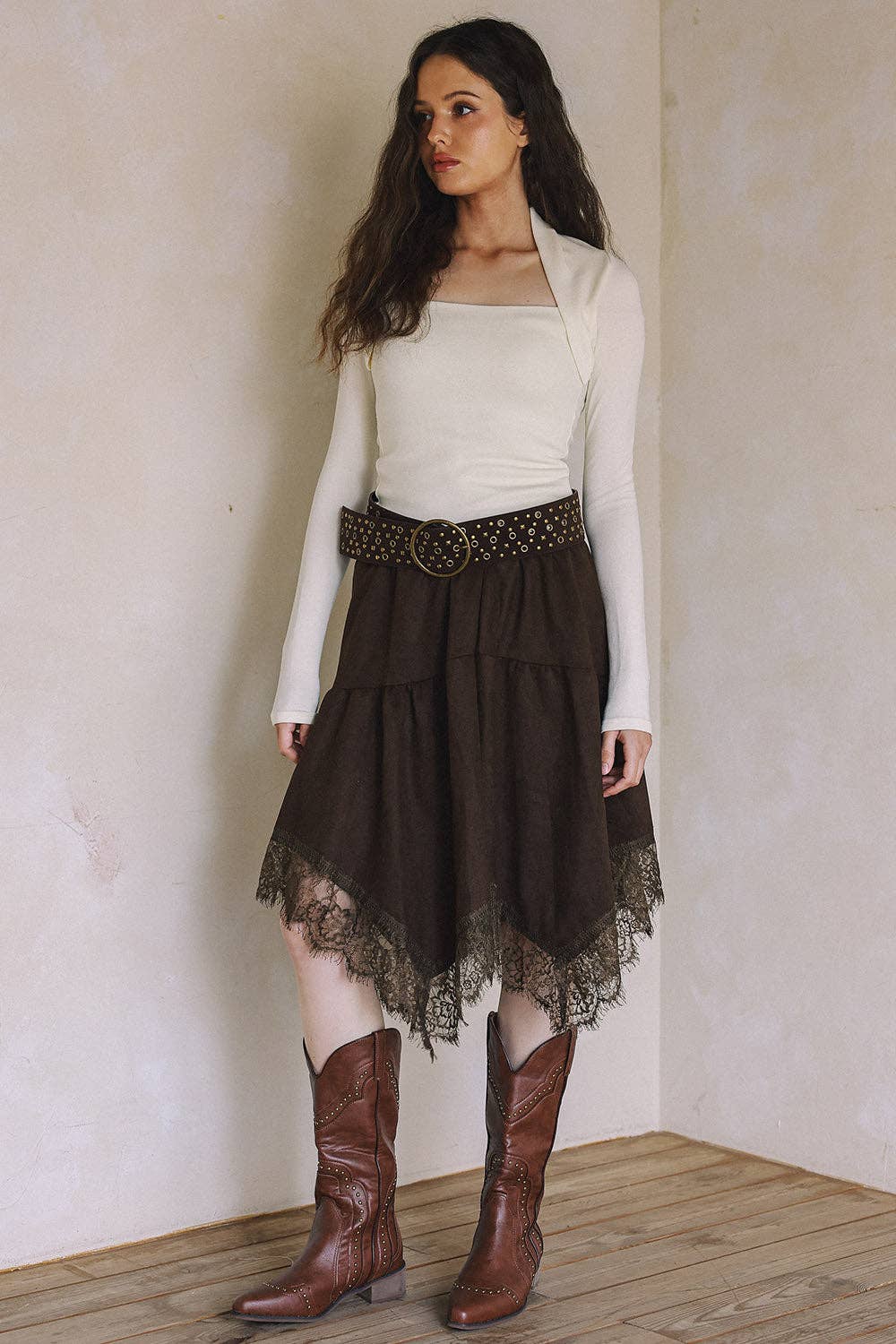 Lace Trim Faux Suede Asymmetrical Skirt - black