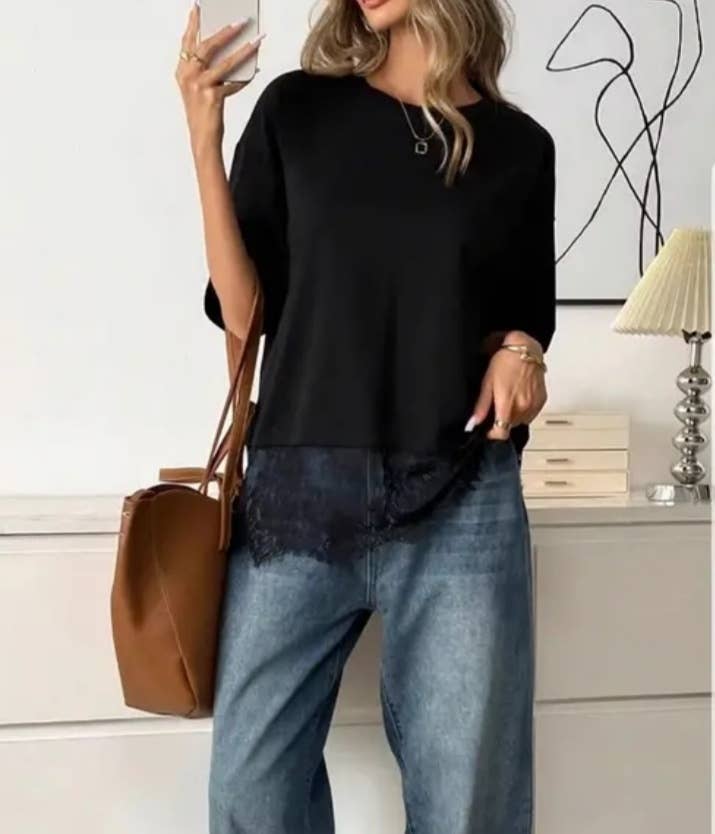 Lace Trim Soft Lightweight Relaxed Fit Top: Black