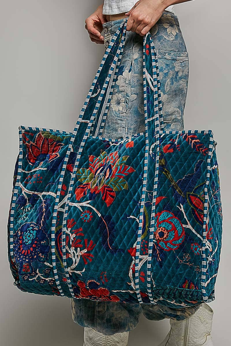 Botanical Velvet Quilted Oversized Weekender Tote Bag: FUCHSIA