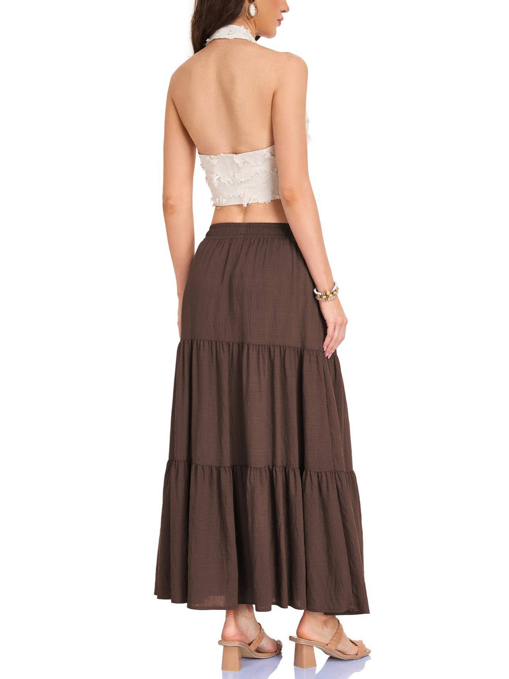 Western Vintage Lining Layered Denim Skirt - Brown