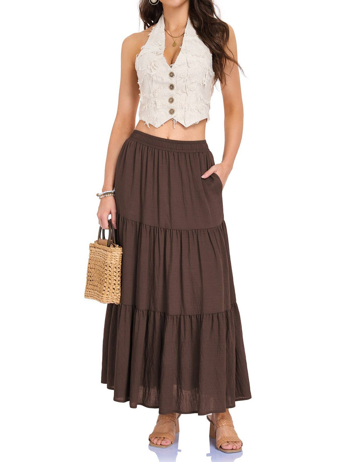 Western Vintage Lining Layered Denim Skirt - Brown