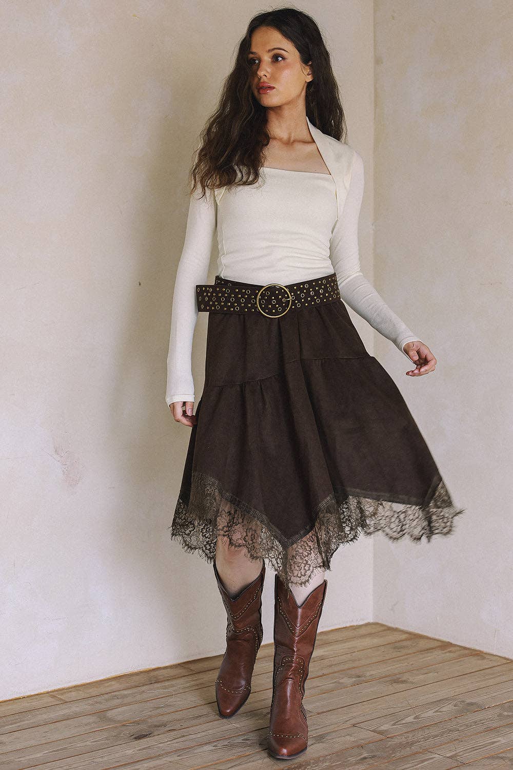 Lace Trim Faux Suede Asymmetrical Skirt - black