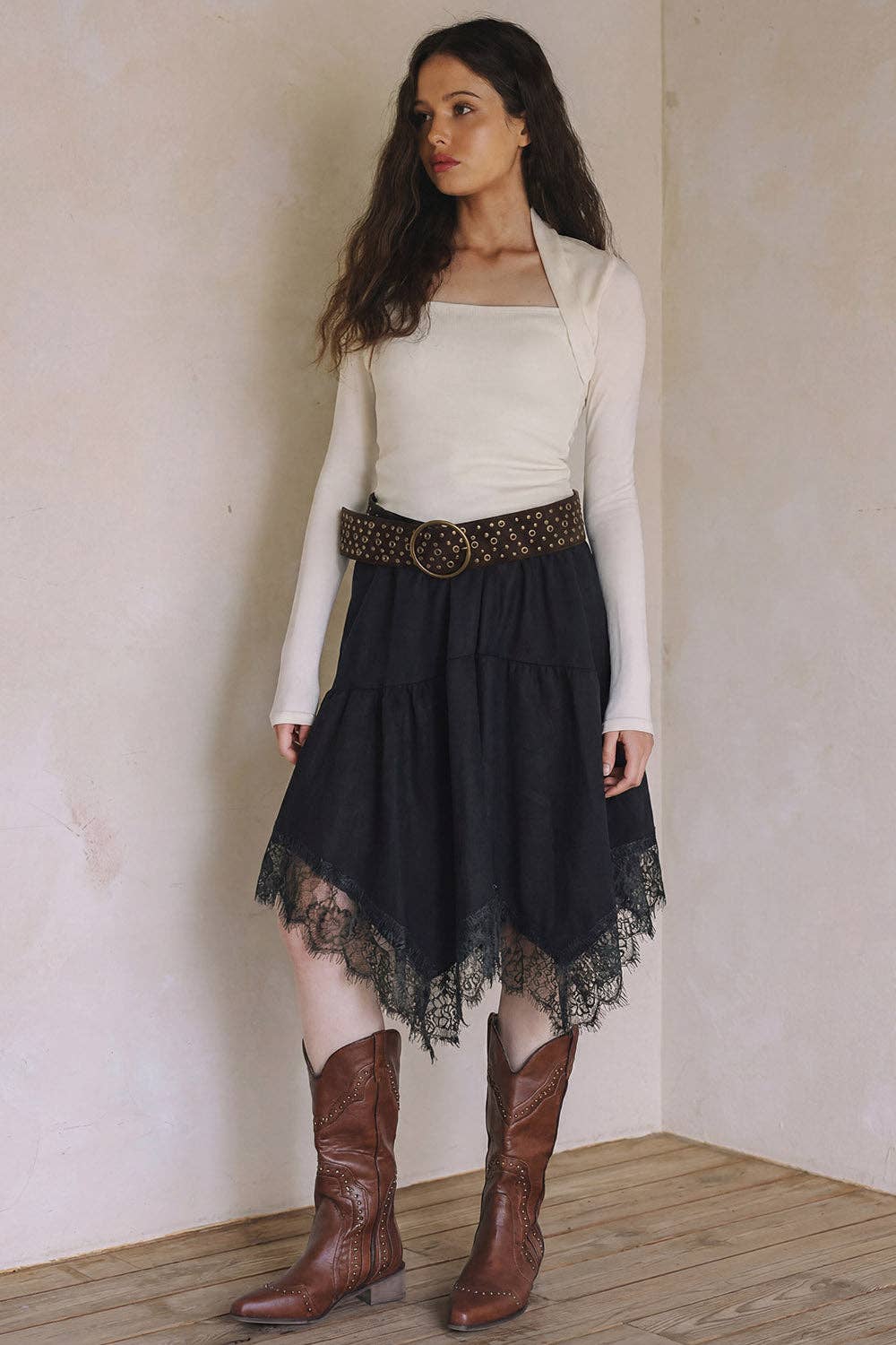 Lace Trim Faux Suede Asymmetrical Skirt - black