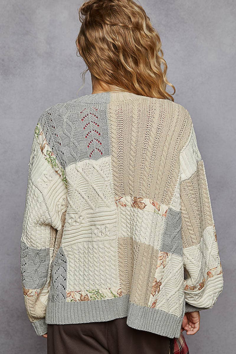 Color block pattern patch sweater cardigan: MINT/OLIVE