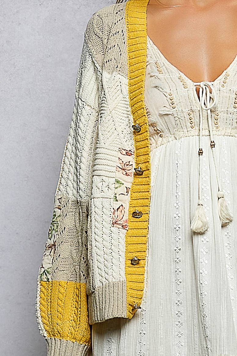 Color block pattern patch sweater cardigan: MINT/OLIVE
