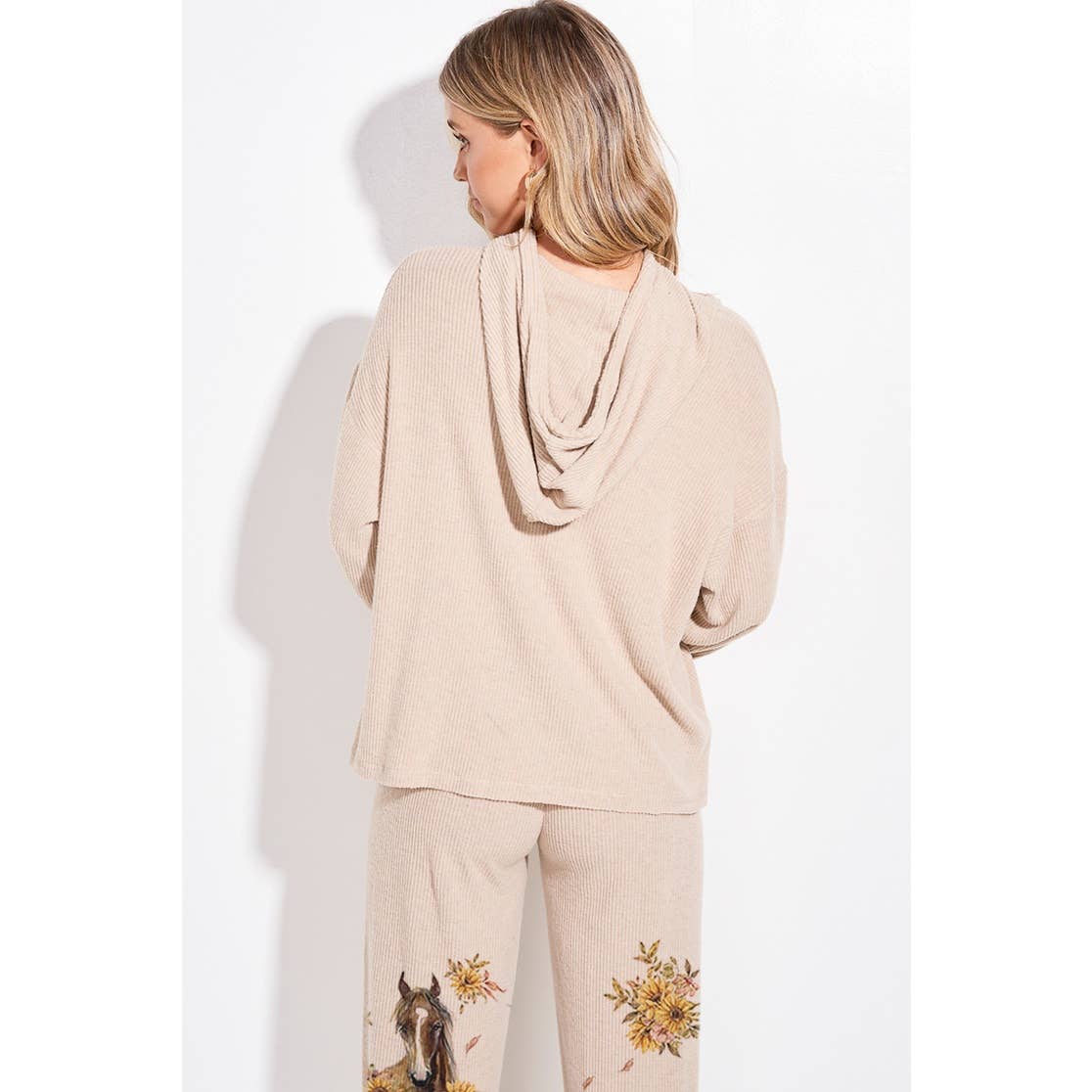 Horse Sunflower Print Rib Hoodie Loungewear Set : BLUSH