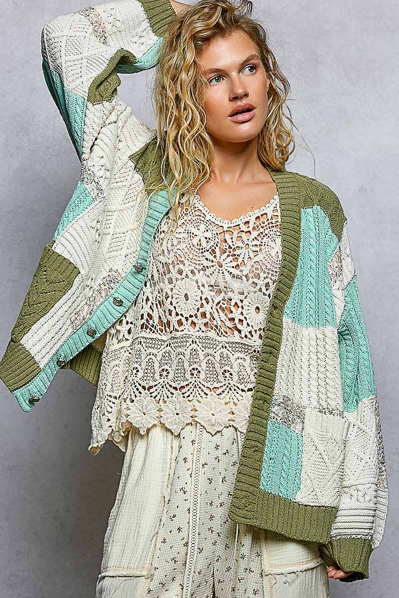 Color block pattern patch sweater cardigan: MINT/OLIVE