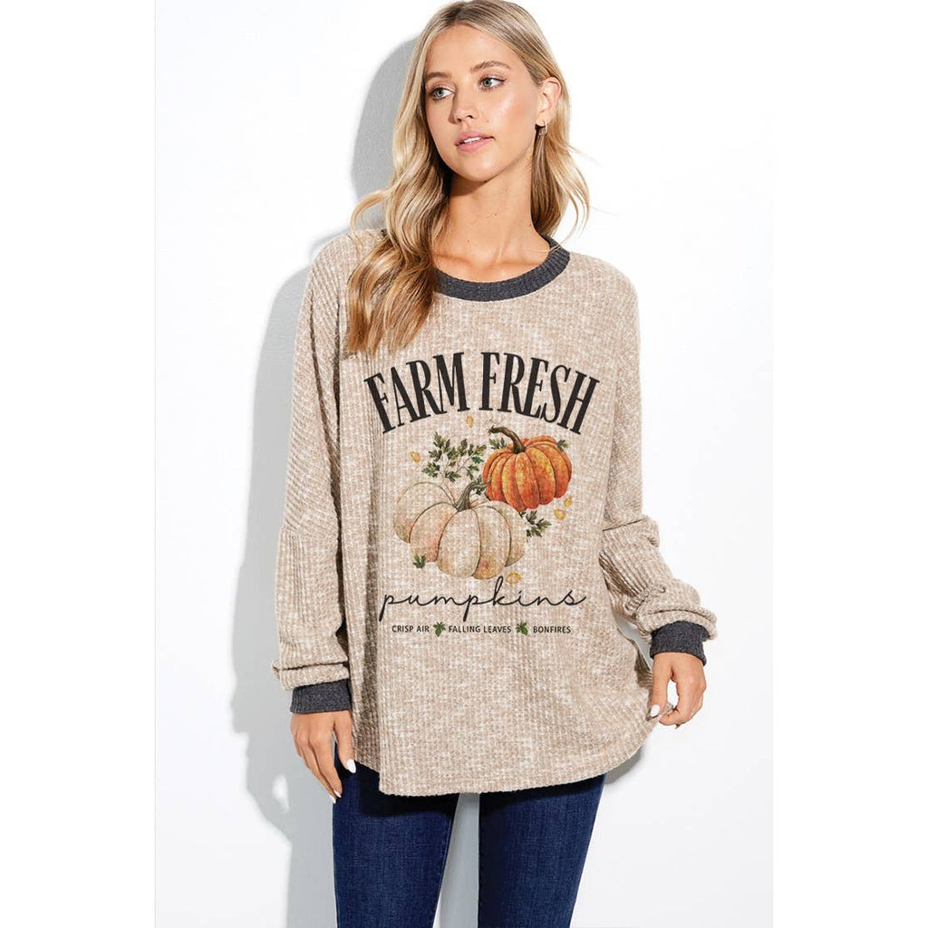 Fall pumpkin print waffle contrast band top: Oatmeal