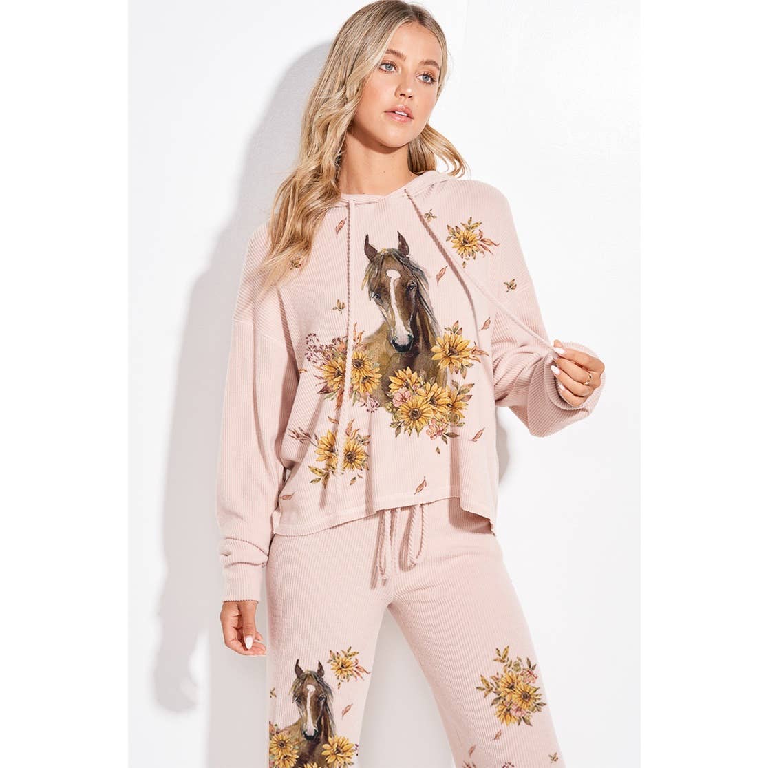 Horse Sunflower Print Rib Hoodie Loungewear Set : BLUSH