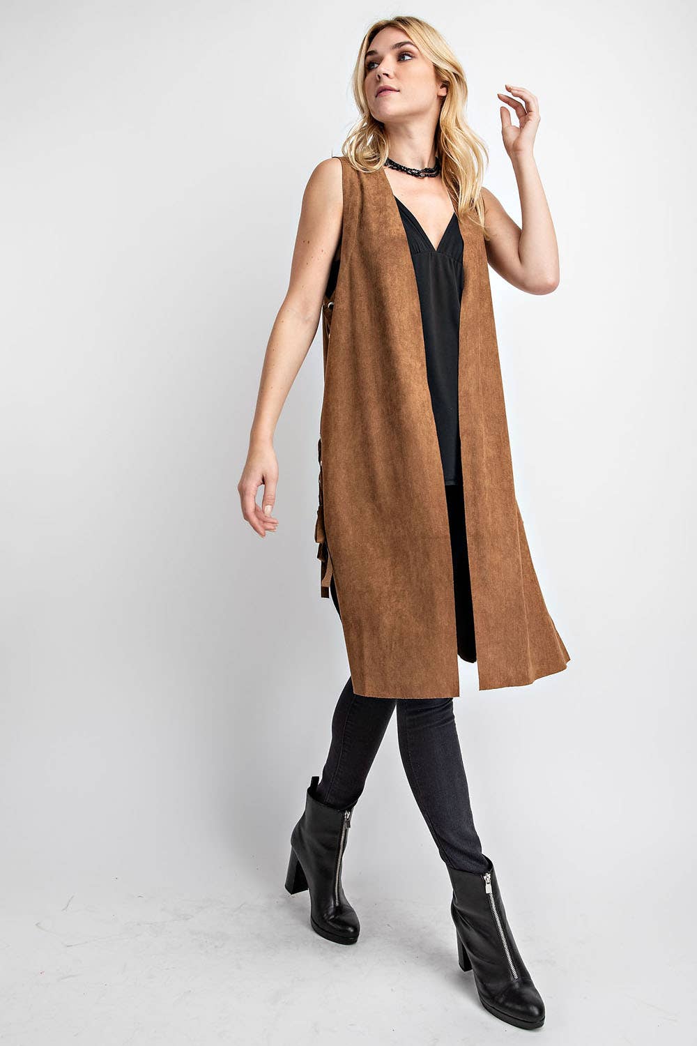 Long Faux Suede Vest with Side Lace Up: Camel