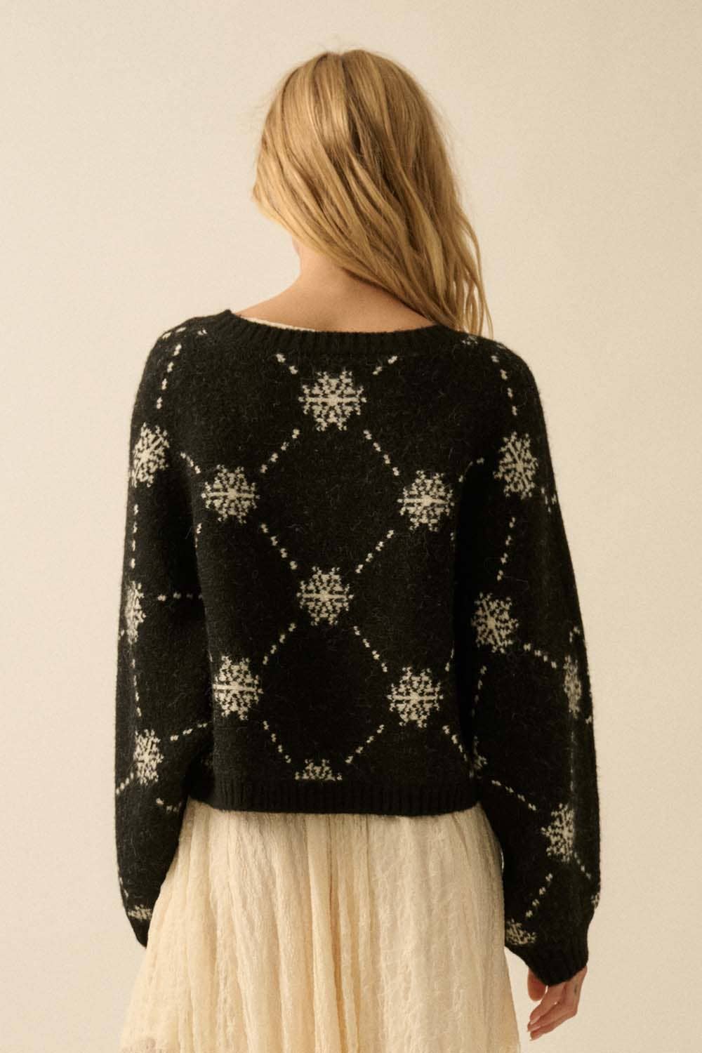 Snowflake Jacquard Knit Button-Up Dolman Sweater: Black