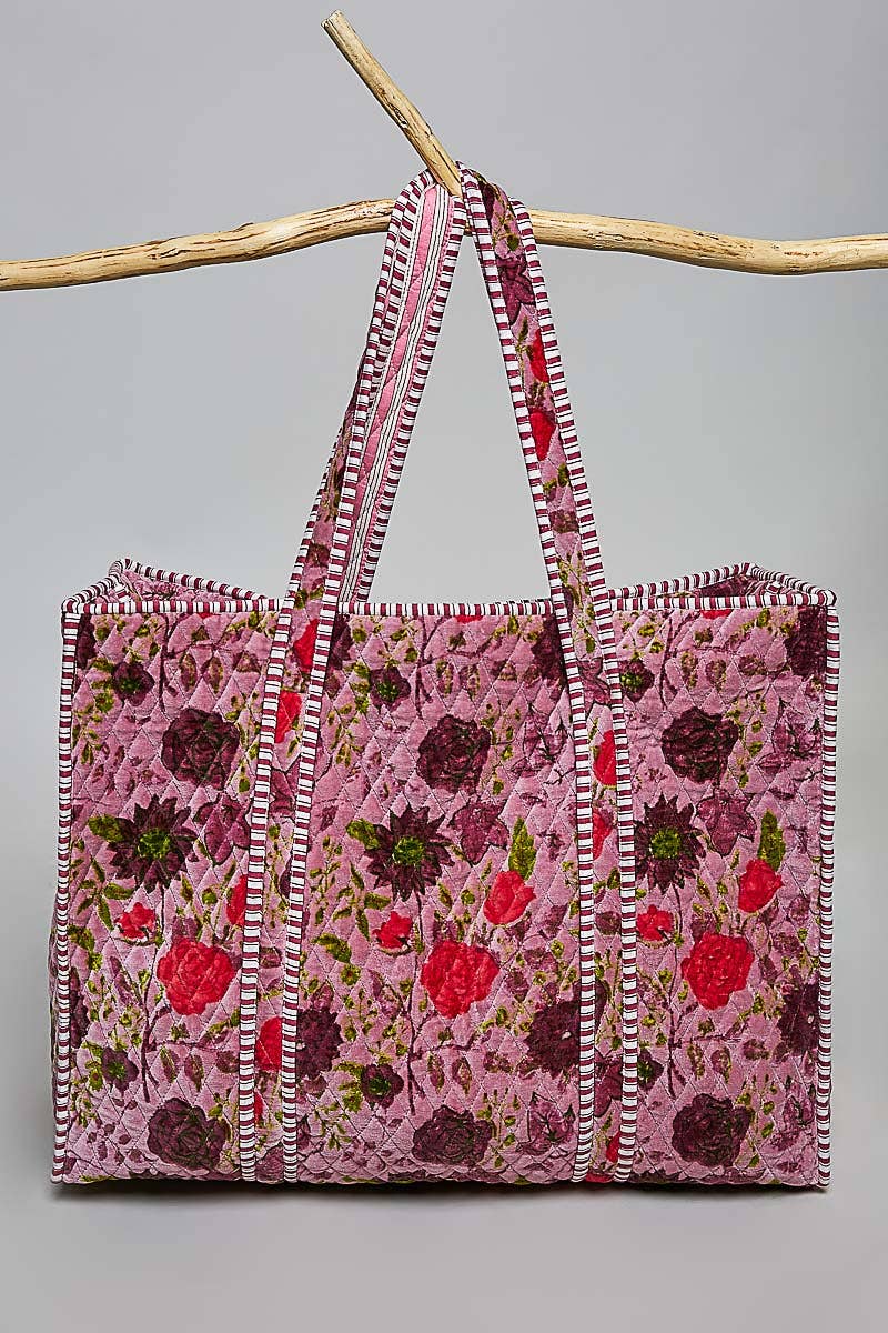 Botanical Velvet Quilted Oversized Weekender Tote Bag: FUCHSIA