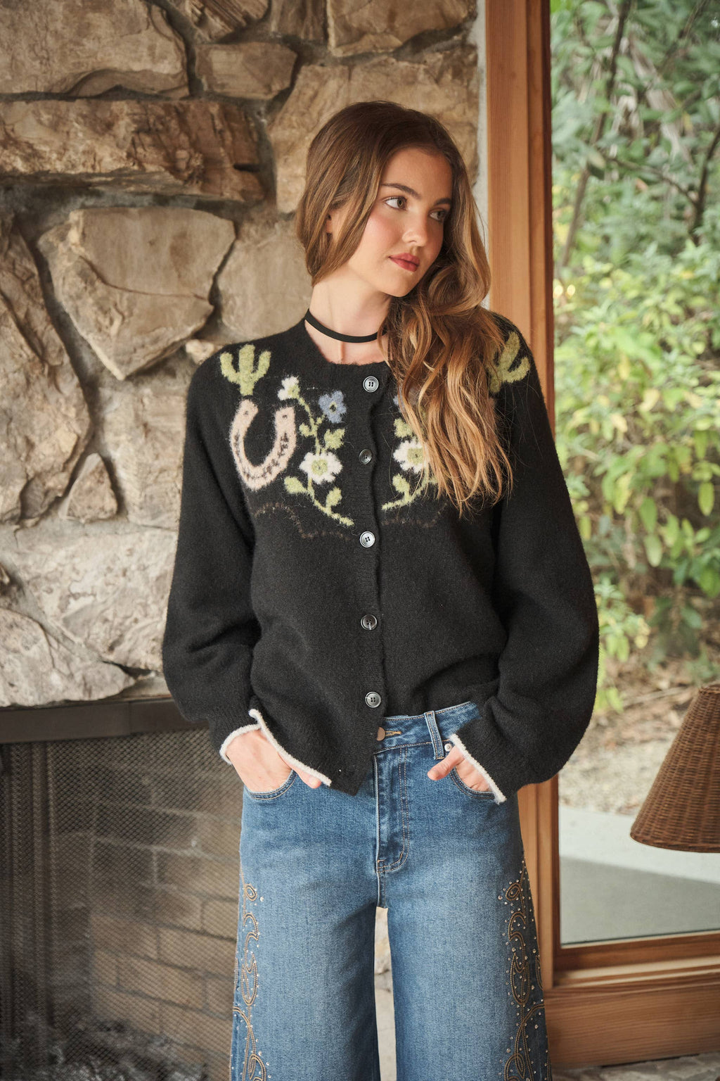 Western Horses & Horseshoe Cardigan Sweater: Charcoal Black