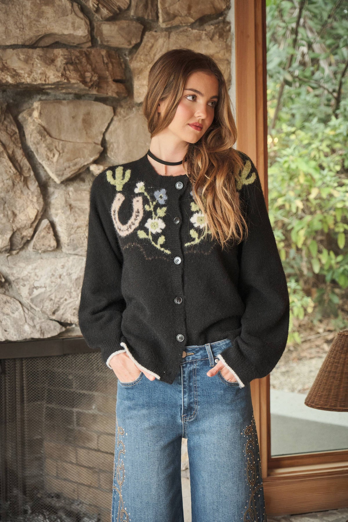Western Horses & Horseshoe Cardigan Sweater: Charcoal Black