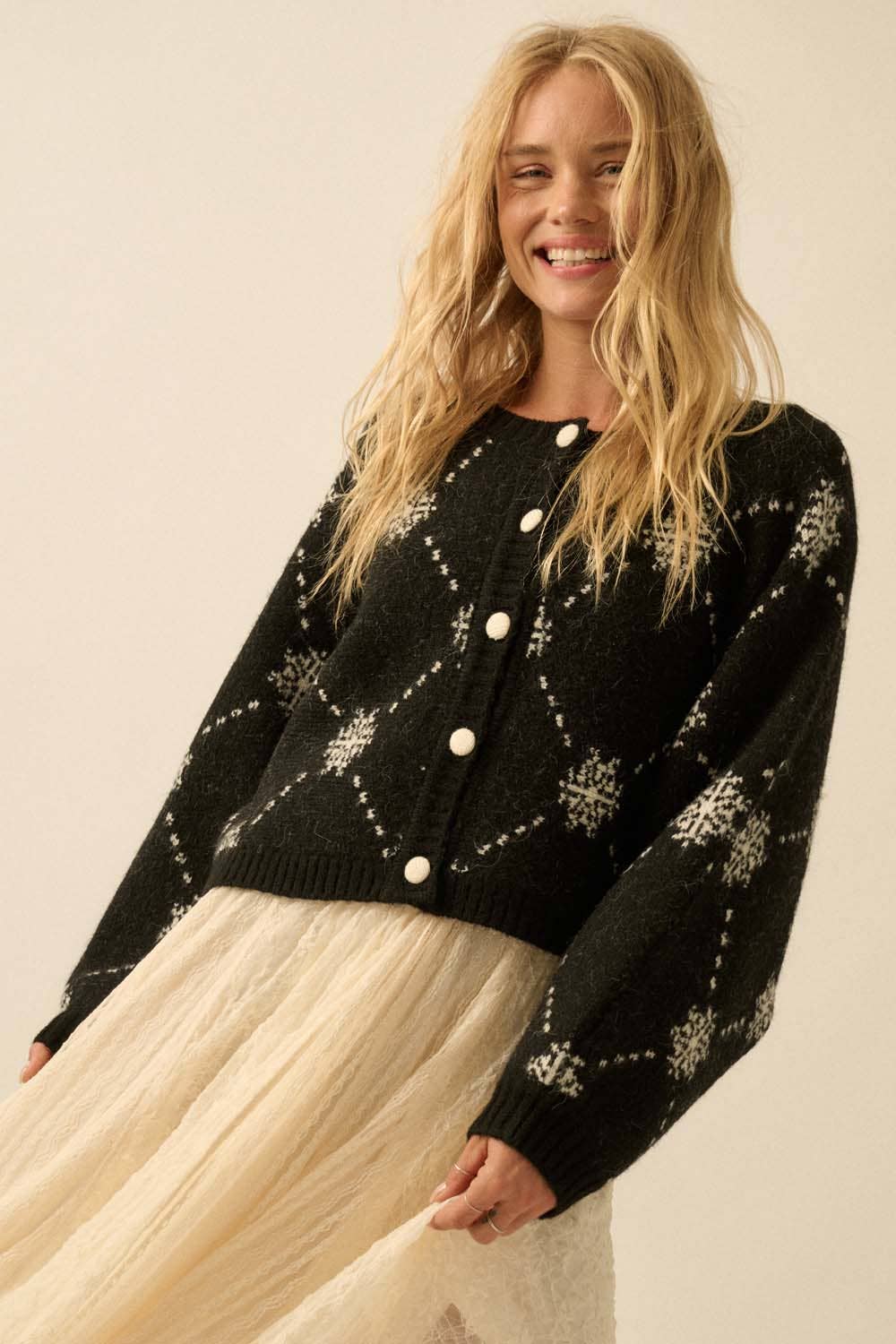Snowflake Jacquard Knit Button-Up Dolman Sweater: Black