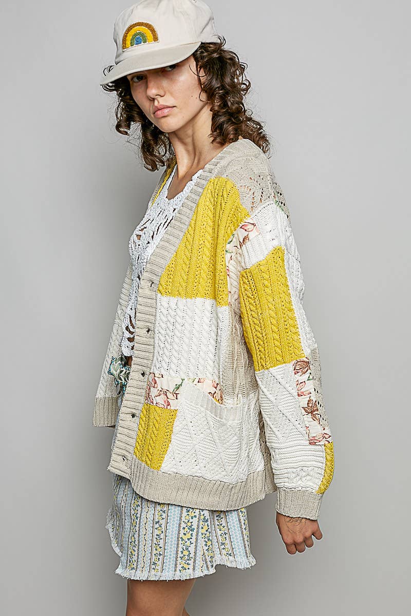 Color block pattern patch sweater cardigan: MINT/OLIVE