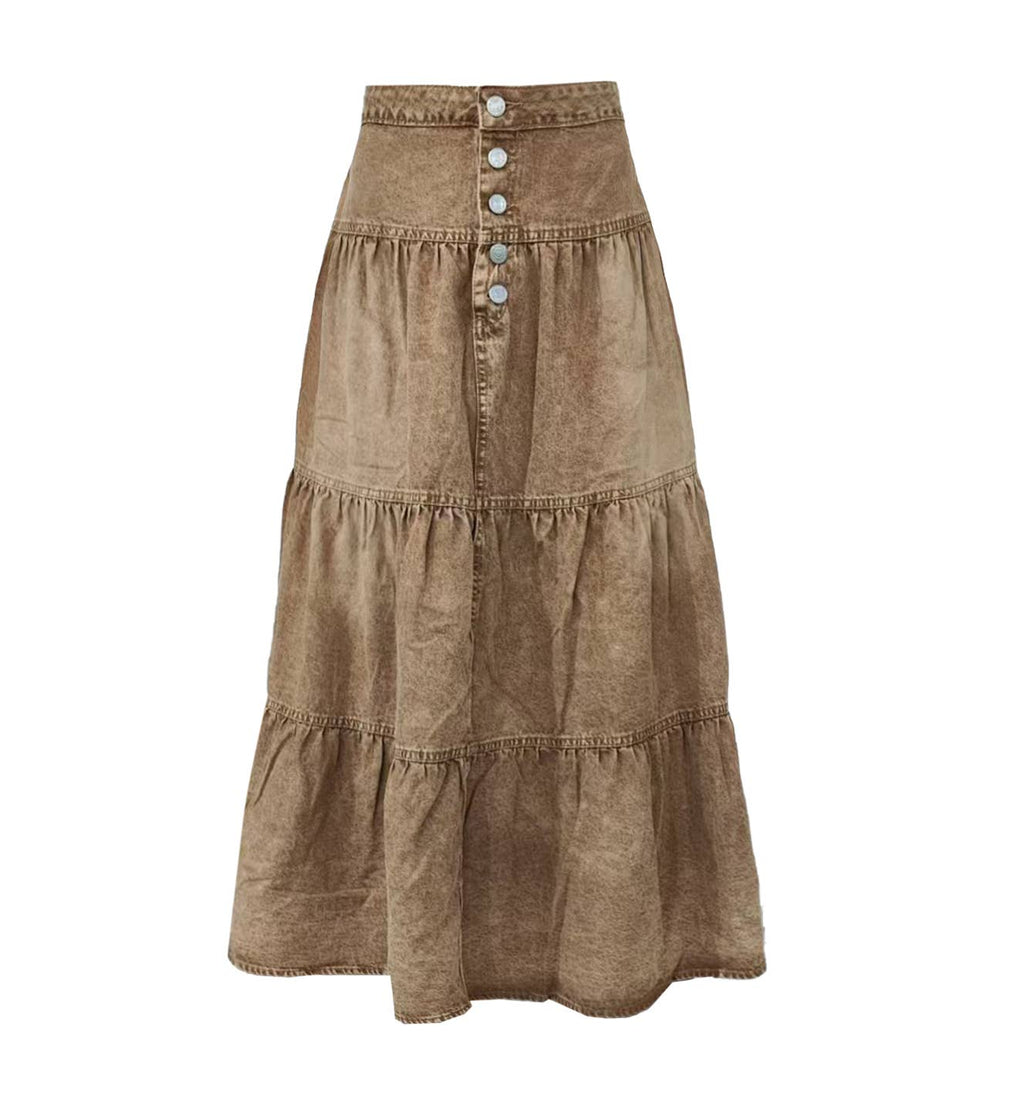 Western Button Ruffle Hem Denim Skirt: Brown
