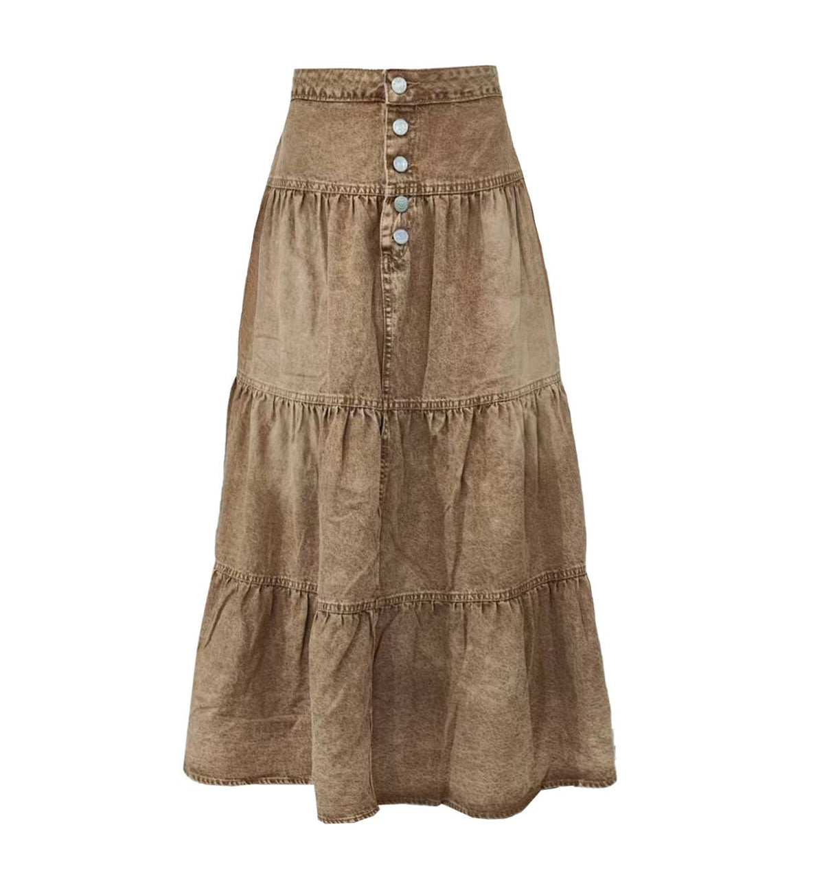 Western Button Ruffle Hem Denim Skirt: Brown