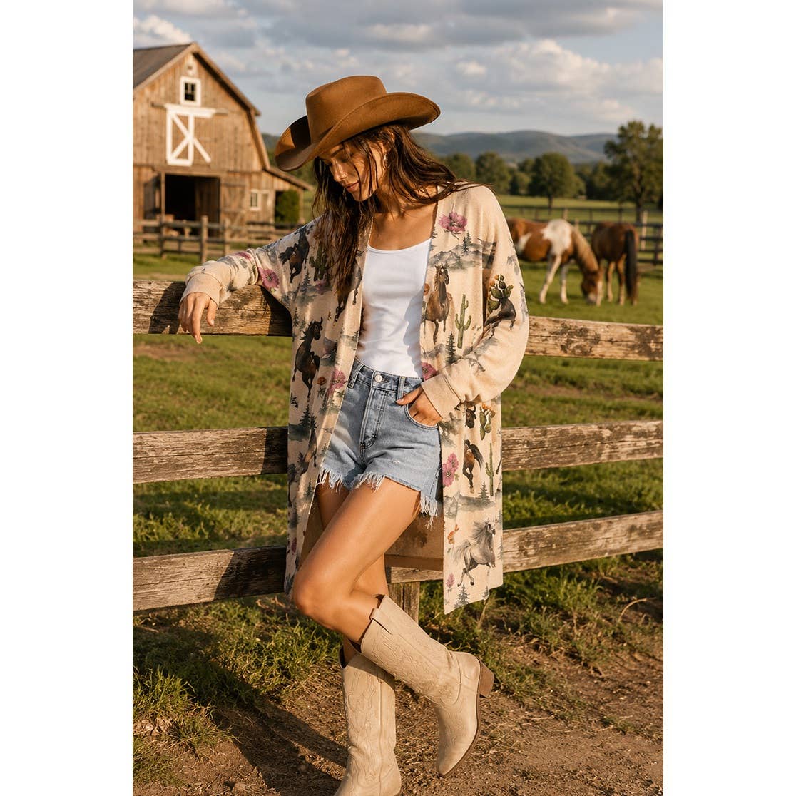Western Horses Print Knit casual style Cardigan: KHAKI