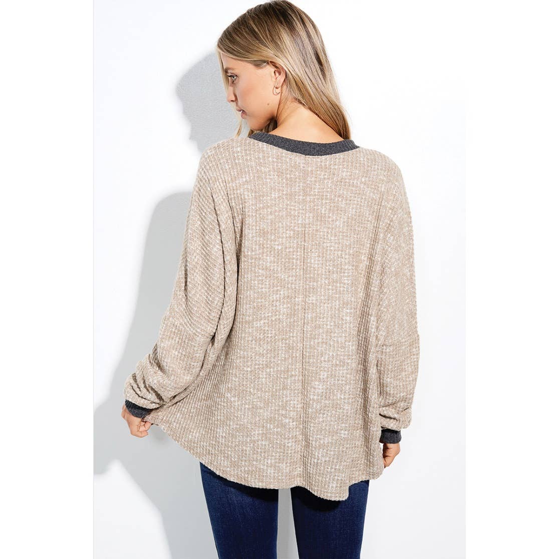 Fall pumpkin print waffle contrast band top: Oatmeal