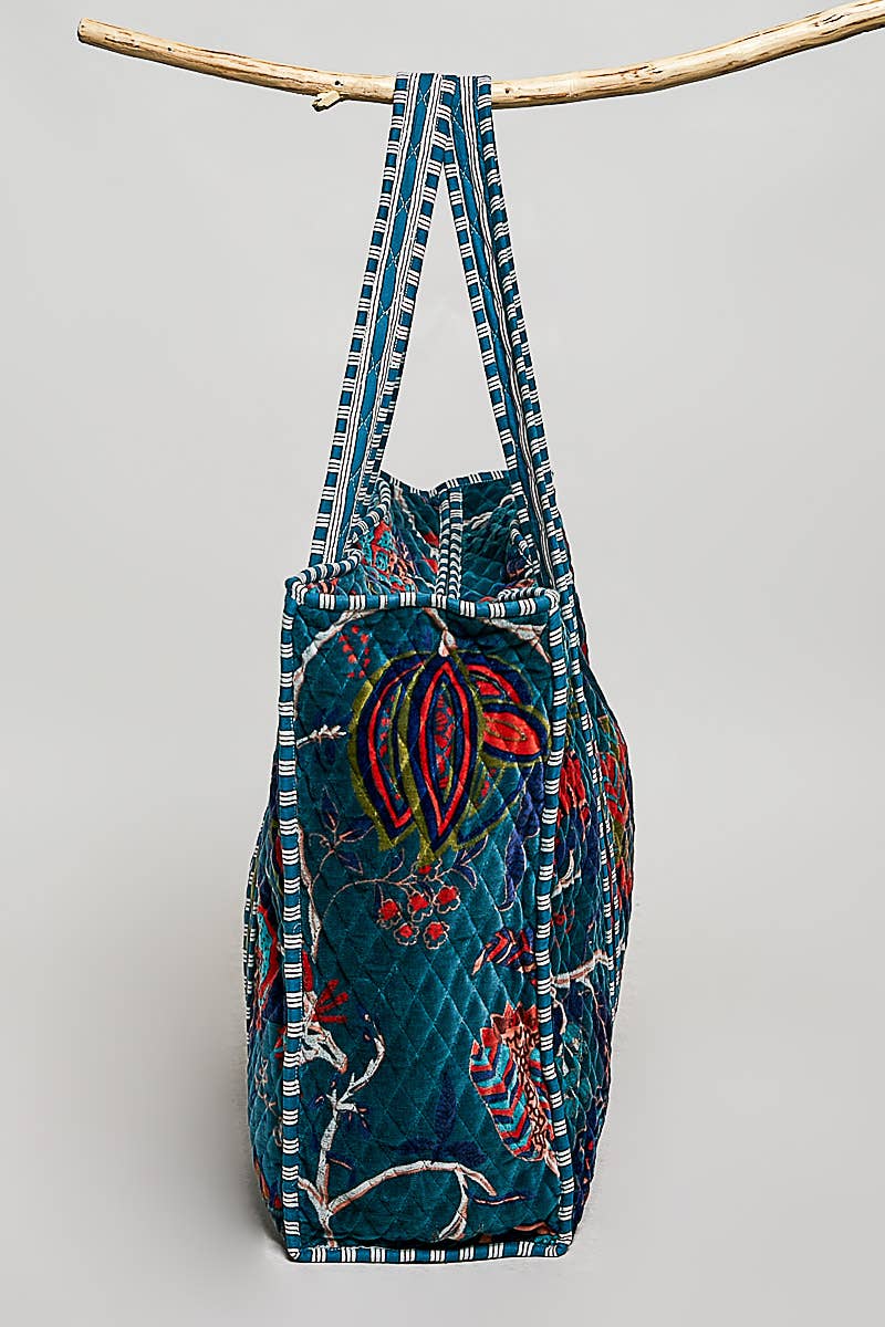 Botanical Velvet Quilted Oversized Weekender Tote Bag: FUCHSIA