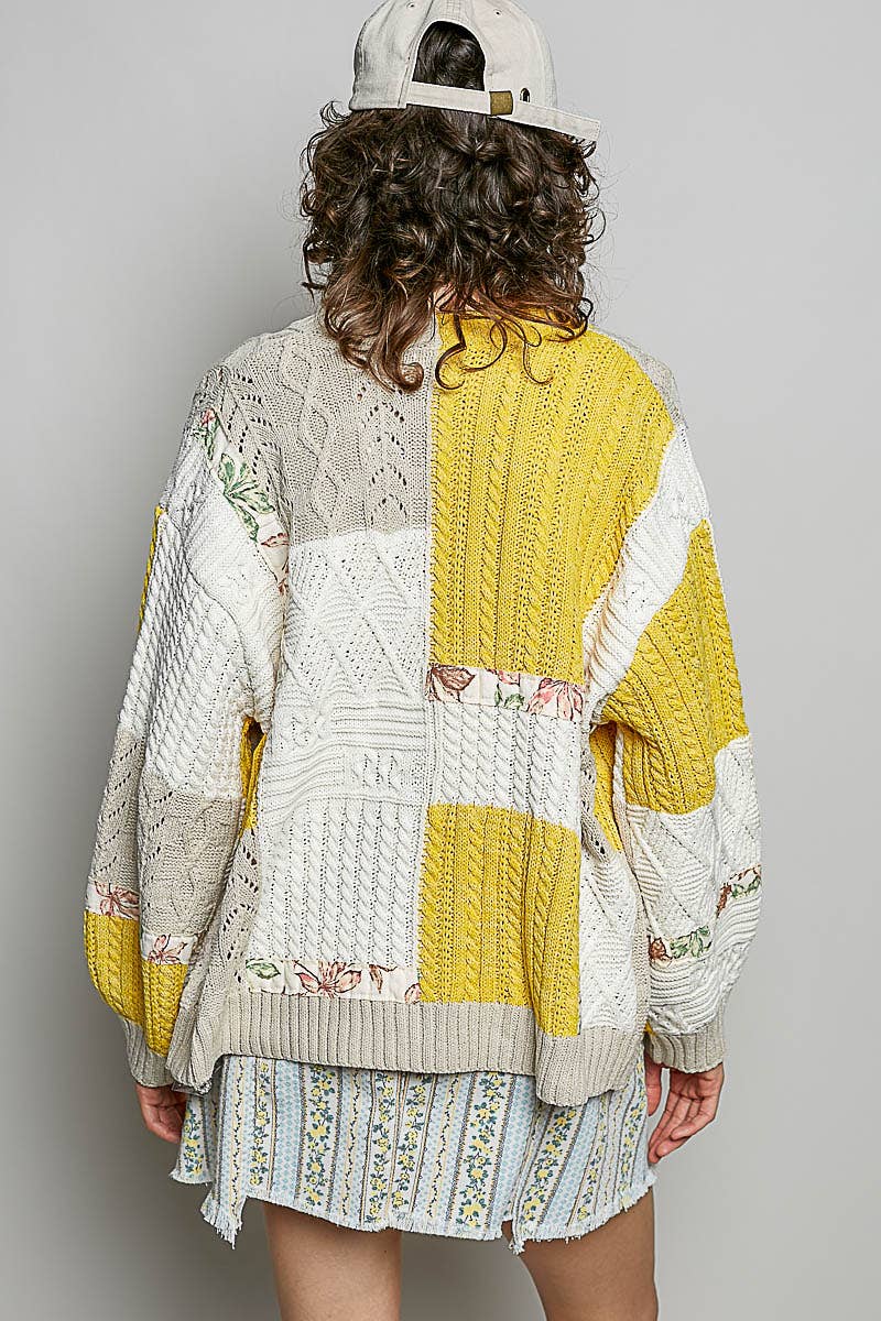 Color block pattern patch sweater cardigan: MINT/OLIVE