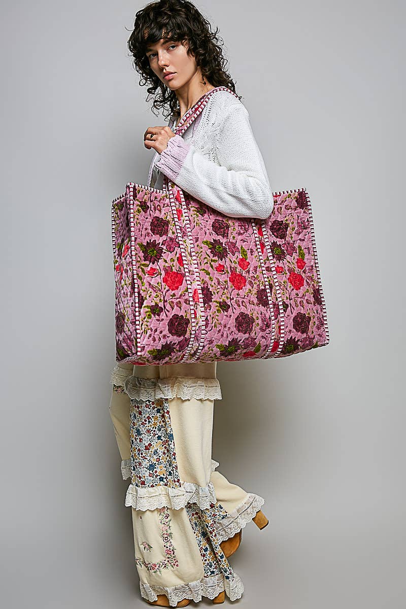 Botanical Velvet Quilted Oversized Weekender Tote Bag: FUCHSIA