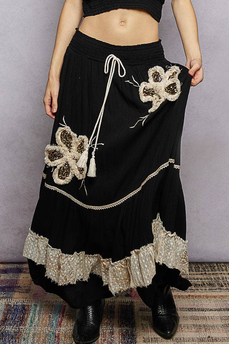 Smocked Waist Ruffle Embroidered Fringe Long Skirt: Black