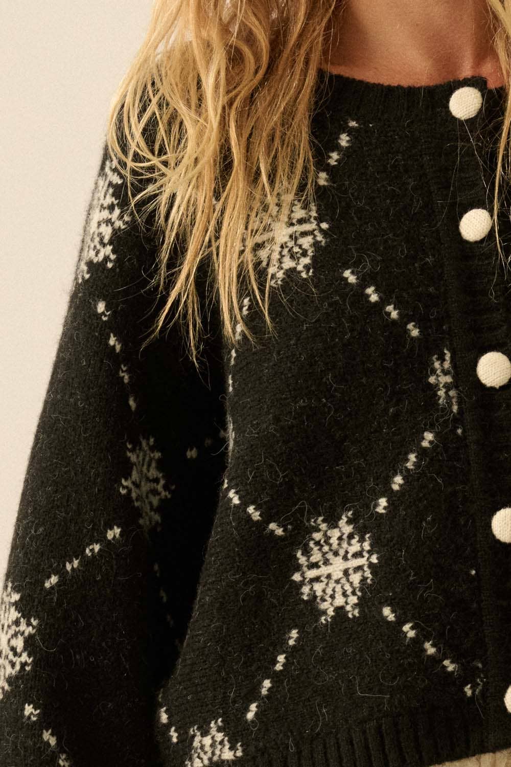 Snowflake Jacquard Knit Button-Up Dolman Sweater: Black