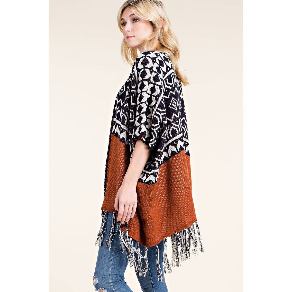 SWEATER WRAP CARDIGAN WITH FRINGE: RUST