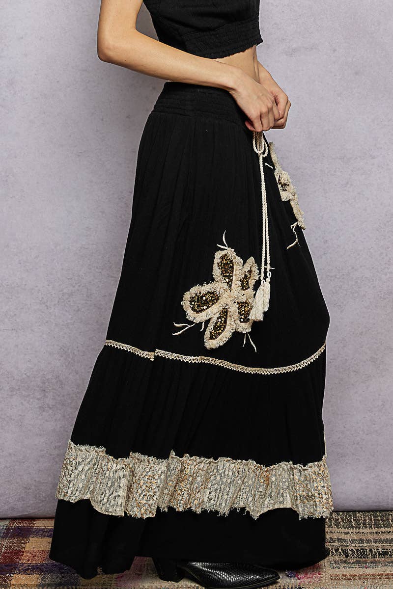 Smocked Waist Ruffle Embroidered Fringe Long Skirt: Black