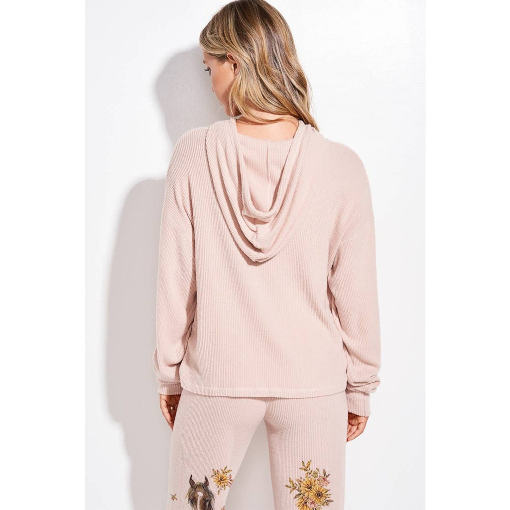 Horse Sunflower Print Rib Hoodie Loungewear Set : BLUSH