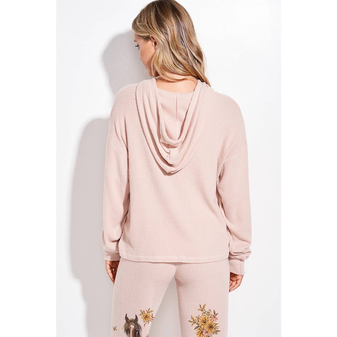 Horse Sunflower Print Rib Hoodie Loungewear Set : BLUSH