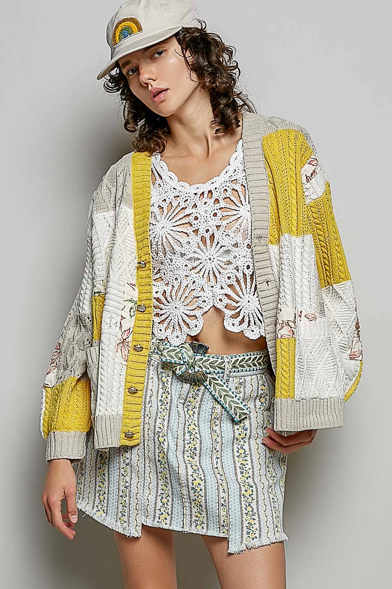 Color block pattern patch sweater cardigan: MINT/OLIVE